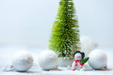 white, snowy, winter miniature landscape with a toy snowman sitting in the snow with a green...