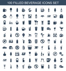 beverage icons. Set of 100 filled beverage icons included dish, soda, energy drink, drink, no alcohol, coffee on white background. Editable beverage icons for web, mobile and infographics.