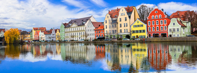 Travel in Germany. Best of Bavaria- beautiful Landshut town in Isar river. Traditional colorfu houses - obrazy, fototapety, plakaty