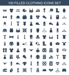 clothing icons. Set of 100 filled clothing icons included man underwear, hanger, skirt, pants, tie, no dry cleaning on white background. Editable clothing icons for web, mobile and infographics.