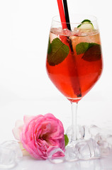 A refreshing fruit cocktail. Cocktail glass. Alcoholic mixed drink. Cocktail garnished with ice cubes and mint leaves. Drink reception. Cocktail party. Alcohol addiction and bad habit. Cold and fresh