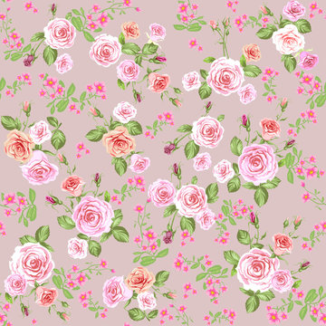 Floral pattern background with pink roses. Repeating vintage seamless pattern.
