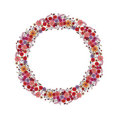 Vector floral round frame with hand-drawn colorful flowers and branches isolated on white background. Bright wreath in warm colors. Pink, red, orange, violet stylized flowers