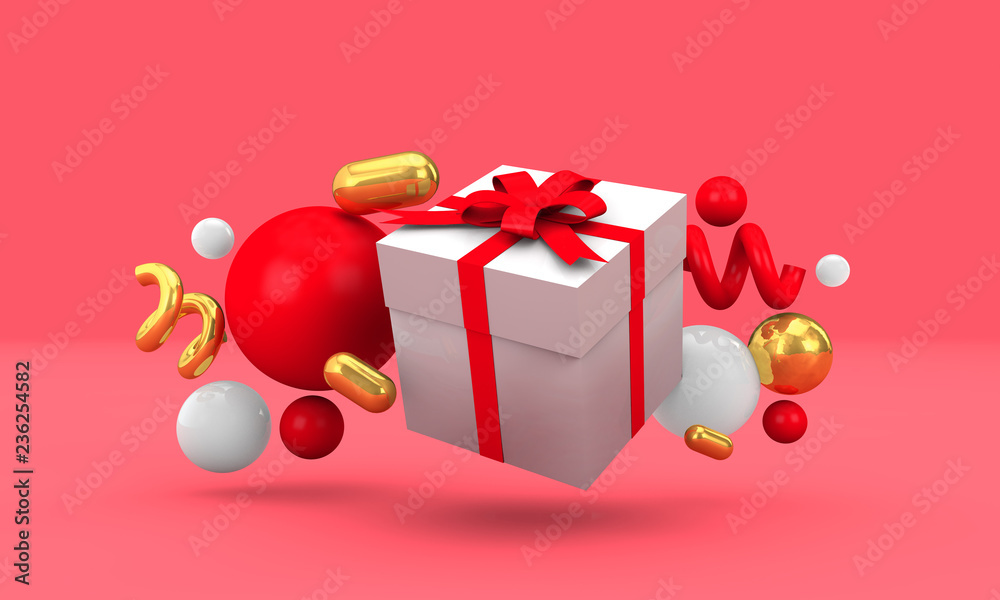 Sticker Seasonal festive gift boxes with colorful decorations. 3D Rendering