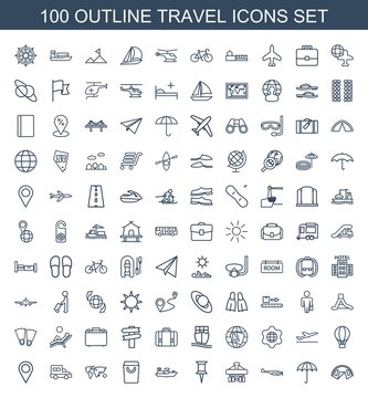 travel icons. Set of 100 outline travel icons included tent, umbrella, helicopter, cargo plane back view, pin on white background. Editable travel icons for web, mobile and infographics.