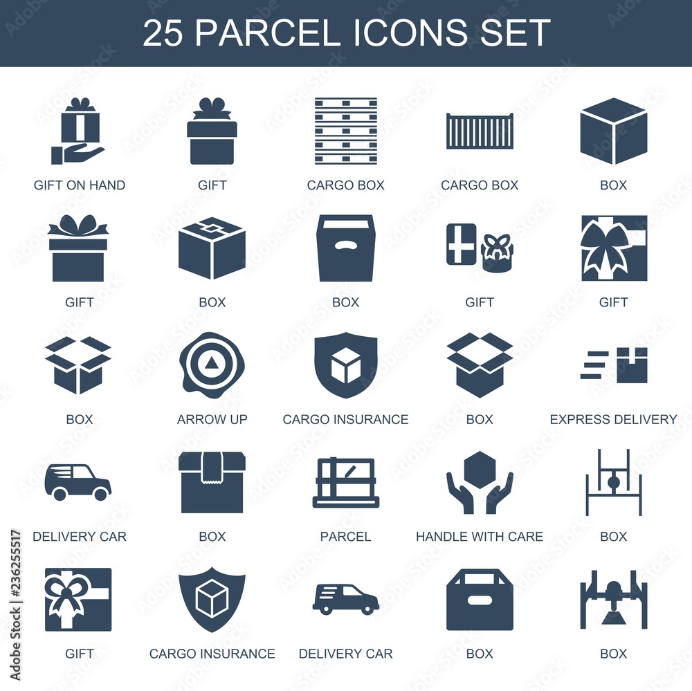 Canvas Prints parcel icons. Set of 25 filled parcel icons included gift on hand, gift, cargo box, box, arrow up, cargo insurance on white background. Editable parcel icons for web, mobile and infographics.