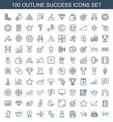 success icons. Set of 100 outline success icons included crossed flags, move on map, graduation cap, ranking on white background. Editable success icons for web, mobile and infographics.