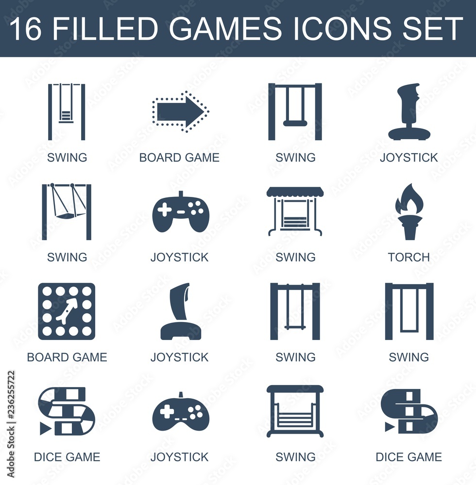 Poster games icons. set of 16 filled games icons included swing, board game, joystick, torch, dice game on 