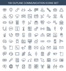 Fototapeta na wymiar communication icons. Set of 100 outline communication icons included user group, table, sim card, transmitter on white background. Editable communication icons for web, mobile and infographics.