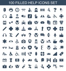 help icons. Set of 100 filled help icons included hospital stretch, hours support, bandage, ribbon on hand, ambulance on white background. Editable help icons for web, mobile and infographics.