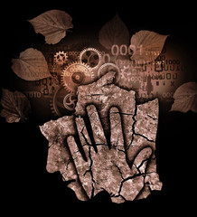 Digital dementia burnout syndrome, male head with autumn leaves. 
Stylized silhouette of Man holding his head. Photo-montage with Dry cracked earth and gear, binary codes and autumn leaves.