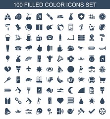 color icons. Set of 100 filled color icons included lemon, tick, hammer, emoji listening music, intercom, rose on white background. Editable color icons for web, mobile and infographics.