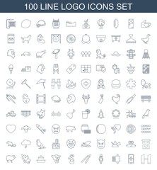 logo icons. Set of 100 line logo icons included bridge, hand on smartphone, spu, maid, drum stick, heart tag on white background. Editable logo icons for web, mobile and infographics.