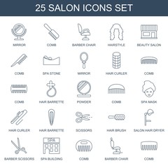 salon icons. Set of 25 line salon icons included mirror, comb, barber chair, hairstyle, beauty salon, spa stone on white background. Editable salon icons for web, mobile and infographics.