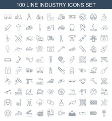 industry icons. Set of 100 line industry icons included wrench, battery, level ruler, cargo on hook, gear on white background. Editable industry icons for web, mobile and infographics.