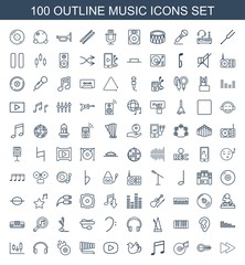music icons. Set of 100 outline music icons included fast forward, musical instrument, disc and music note on white background. Editable music icons for web, mobile and infographics.