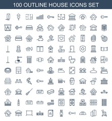 house icons. Set of 100 outline house icons included cleaning tools, building, cargo barn, key, gardener jumpsuit on white background. Editable house icons for web, mobile and infographics. - obrazy, fototapety, plakaty