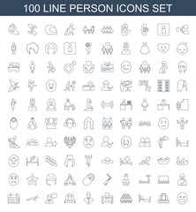 person icons. Set of 100 line person icons included laughing emot, luggage belt, bed, group, baby walker, bust on white background. Editable person icons for web, mobile and infographics.