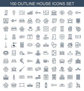 house icons. Set of 100 outline house icons included cleaning tools, building, cargo barn, key, gardener jumpsuit on white background. Editable house icons for web, mobile and infographics.