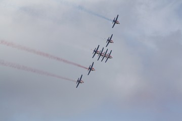 Dassault Aviation-Dornier Alpha Jets of the Patrouille de France in the air (French Aviation). Hyeres, France