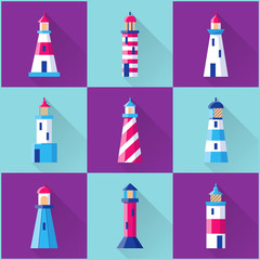 Obraz na płótnie Canvas Lighthouse icons set in flat style with long shadow