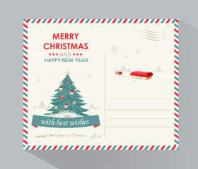 Holiday background, Merry Christmas and New Year typographical on background with winter landscape, Christmas trees, houses and lettering.  Holiday Greeting Card, postcard, Banner.
