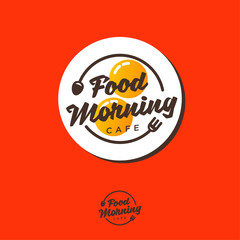 Food Morning logo. Breakfast cafe emblem. Fried eggs fork and spoon on an orange background. Typography. Lettering design.