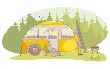 Summer travel in a house on wheels / Funny motorhome, fishing, barbecue, vector illustration