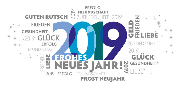Neujahrsgruß 2019 mit verschiedenen Grußformeln und Wünschen - blaue Zahlen