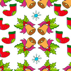 Santa Claus, christmas tree, holly berries, snowman, candies, christmas bells, poinsettia flowers, gingerbread man. Hand drawn vector Christmas seamless pattern.