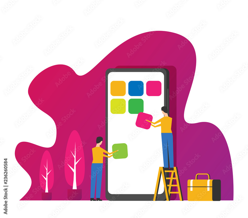Aufkleber mobile application development concept illustration with teamwork programmers and mobile phone