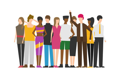 Flat illustration of society members with a large group of men and women