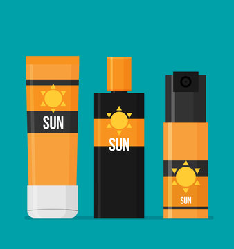 Sunscreen Care Sun Protection Cosmetics vector illustration. cream icon set in flat-style isolation