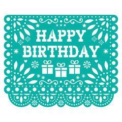 Happy Birthday Papel Picado vector design - Mexican fiesta paper decoration - birthdya party greeting card
