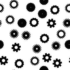 Cog wheel seamless pattern. Clockwork, technological or industrial theme. Flat vector background in black and white.