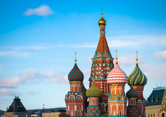 Fototapeta na wymiar Panoramic view of St Basil's Cathedral in the morning with blue sky, Moscow, Russia