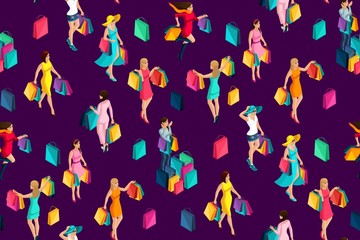 Isometrics seamless background, 3d girls, holiday, black Friday, shopping, girls go shopping make a purchase