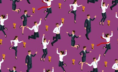 Isometry seamless background, 3d business lady and businessmen, jumping and rejoicing, fun receiving a prize, happiness