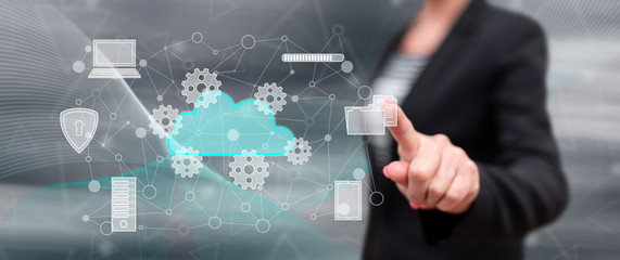 Woman touching a cloud computing concept