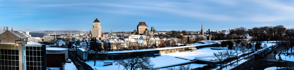 Panoramic view of old Quebec City at sunset in winter