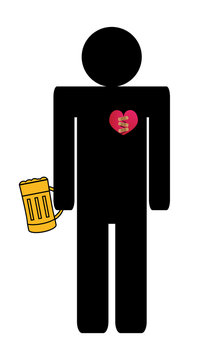 Vector illustration of alcohol addict man with broken heart with mug or pint of gold beer. Drinking in a difficult part of life. Death, depression, breakup, hassle and other hard emotional things.