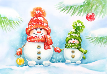 Watercolor hand drawn New Year card with two cute snowmen in hats, scarfs and mittens in the forest.