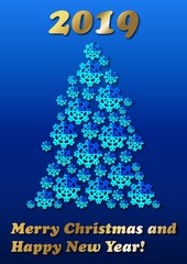 Christmas Tree Blue Poster with Snowflakes made of cutout paper stars, A4 size