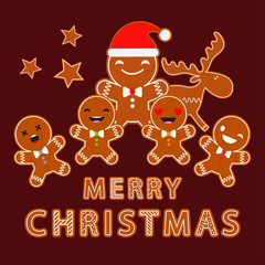 Gingerbread on a brown background. Christmas gingerman. Cute cartoon. Can be used for wallpaper, textile, invitation card, wrapping, web page background.