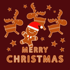 Gingerbread on a brown background. Christmas gingerman. Cute cartoon. Can be used for wallpaper, textile, invitation card, wrapping, web page background.