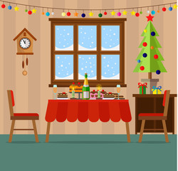 Room prepared for the celebration of Christmas and new year with a festive table and treats. Christmas and new year. Winter holidays, vector illustration.