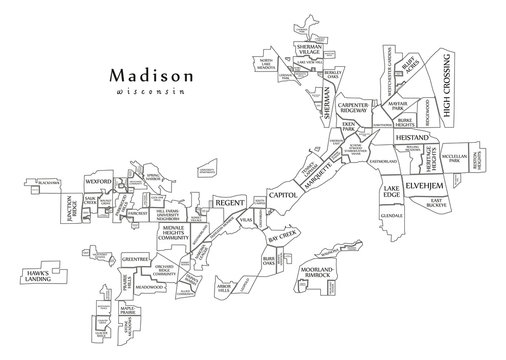 Modern City Map - Madison Wisconsin city of the USA with neighborhoods and titles outline map