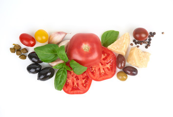 Naklejka na ściany i meble Fresh ingredients recipe with tomatoes and olives.