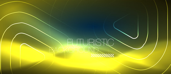 Neon glowing techno lines, hi-tech futuristic abstract background template with geometric shapes