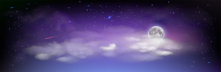 Star night. Night sky background with moon, clouds and stars. Moonlight night. Magic night vector illustration.